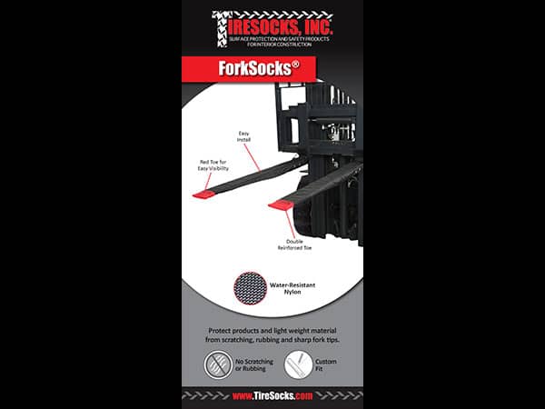 Sell sheet for ForkSocks, fork socks, forklift socks, forklift fork covers, fork protectors, forklift fork protection sleeves made by TireSocks