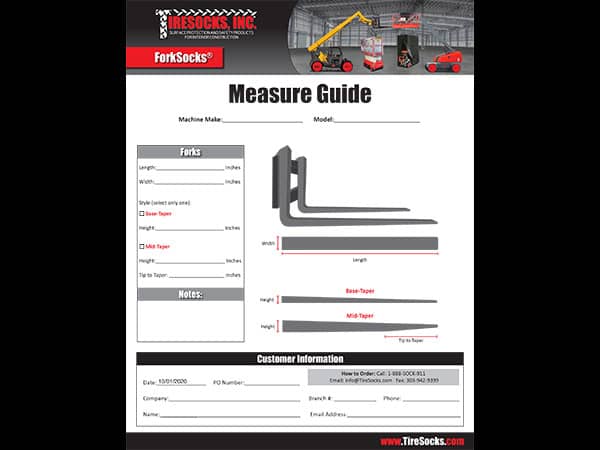 Measure Guide for ForkSocks, fork socks, forklift socks, forklift fork covers, fork protectors, forklift fork protection sleeves made by TireSocks